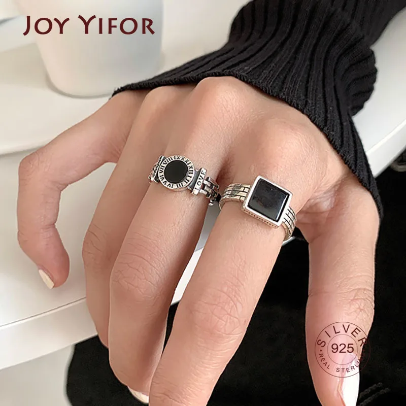 New Trends 925 Sterling Silver Finger Rings Engagement Jewelry For Women Creative Black Circle Party Accessories Gifts