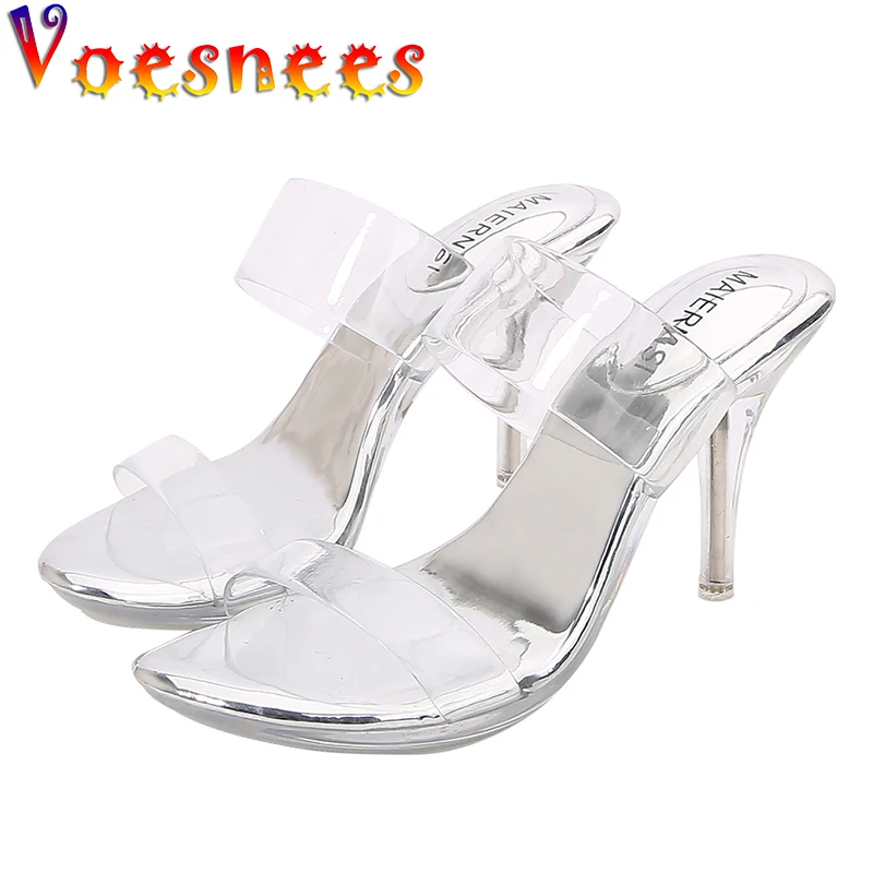 Voesnees Brand Shoes Women Sandals One Word With Female Summer Slippers Sexy Clear High Heels Open Toe Thin Heels 8cm Slides