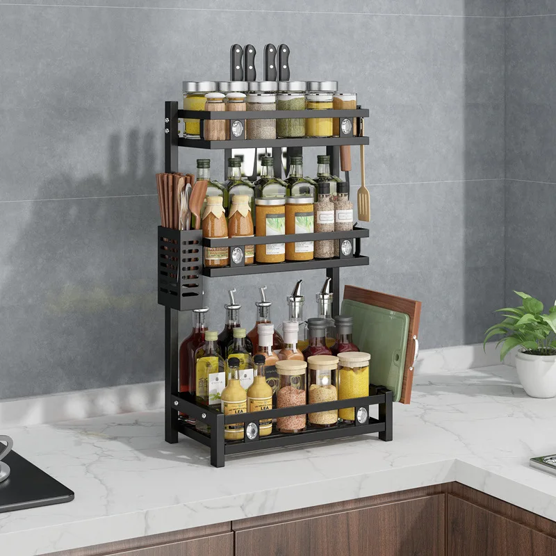 Removable Black Kitchen Shelf Multi-layer Spice Rack for Kitchen Countertop Storage Spice Storage Rack with Diamond Decoration