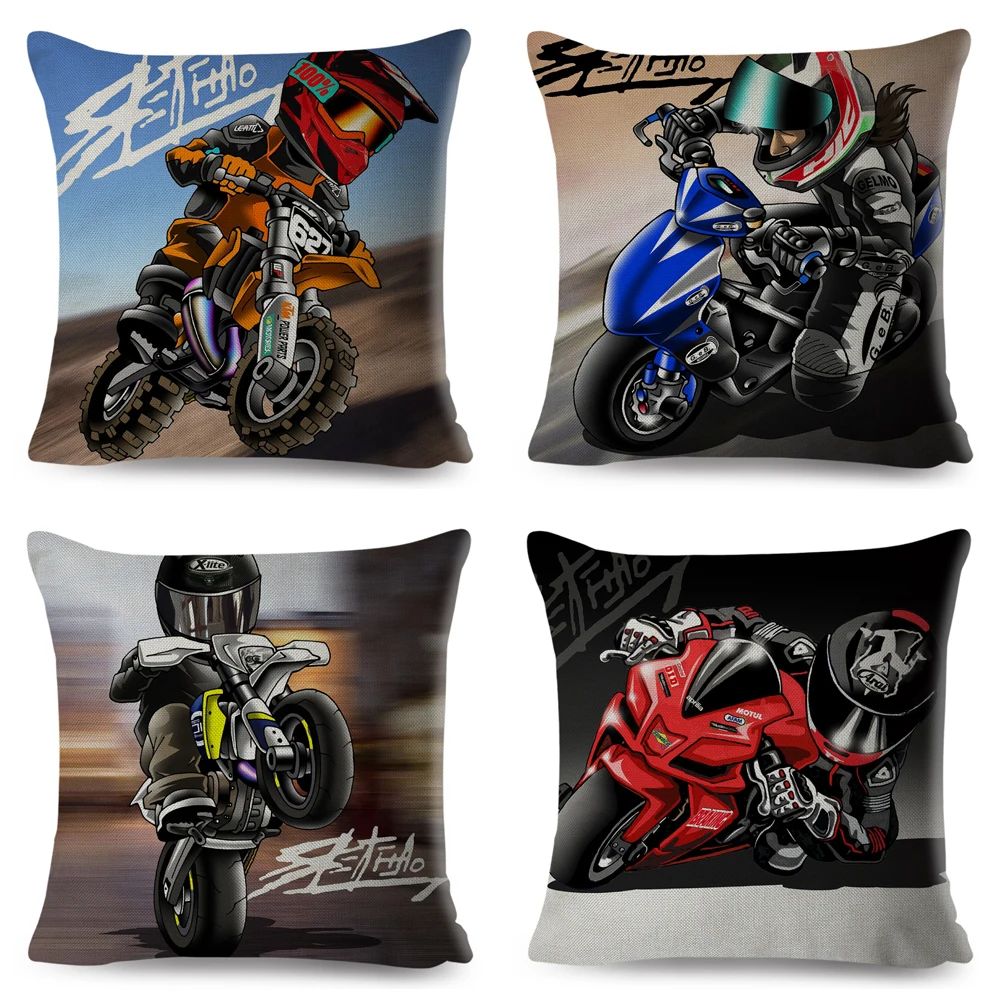 Cartoon Motorcycle Cushion Cover for Sofa Home Car Decorative Colorful Extreme Sport Mobile Bike Pillowcase Pillow Case 45x45cm