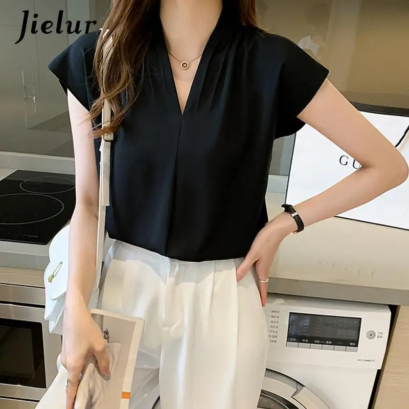 Jielur Black White Blouses Female V-Neck Summer Satin Women\'s Blouse Office Lady Sexy Casual Short Sleeve Shirt Blusa Feminina