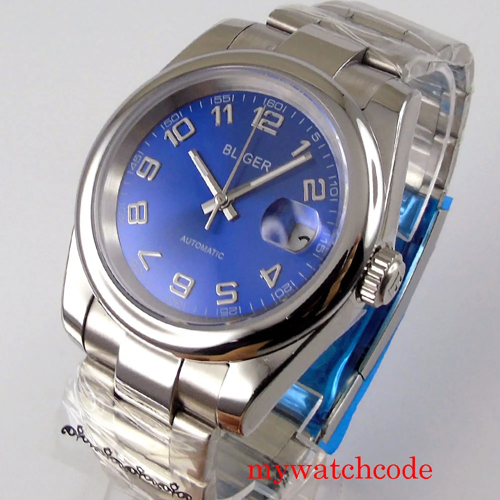 

39mm Bliger Automatic Men Watch 21 Jewels MIYOTA 8215 Movement Blue Dial Auto Date Sapphire Crystal Steel Bracelet