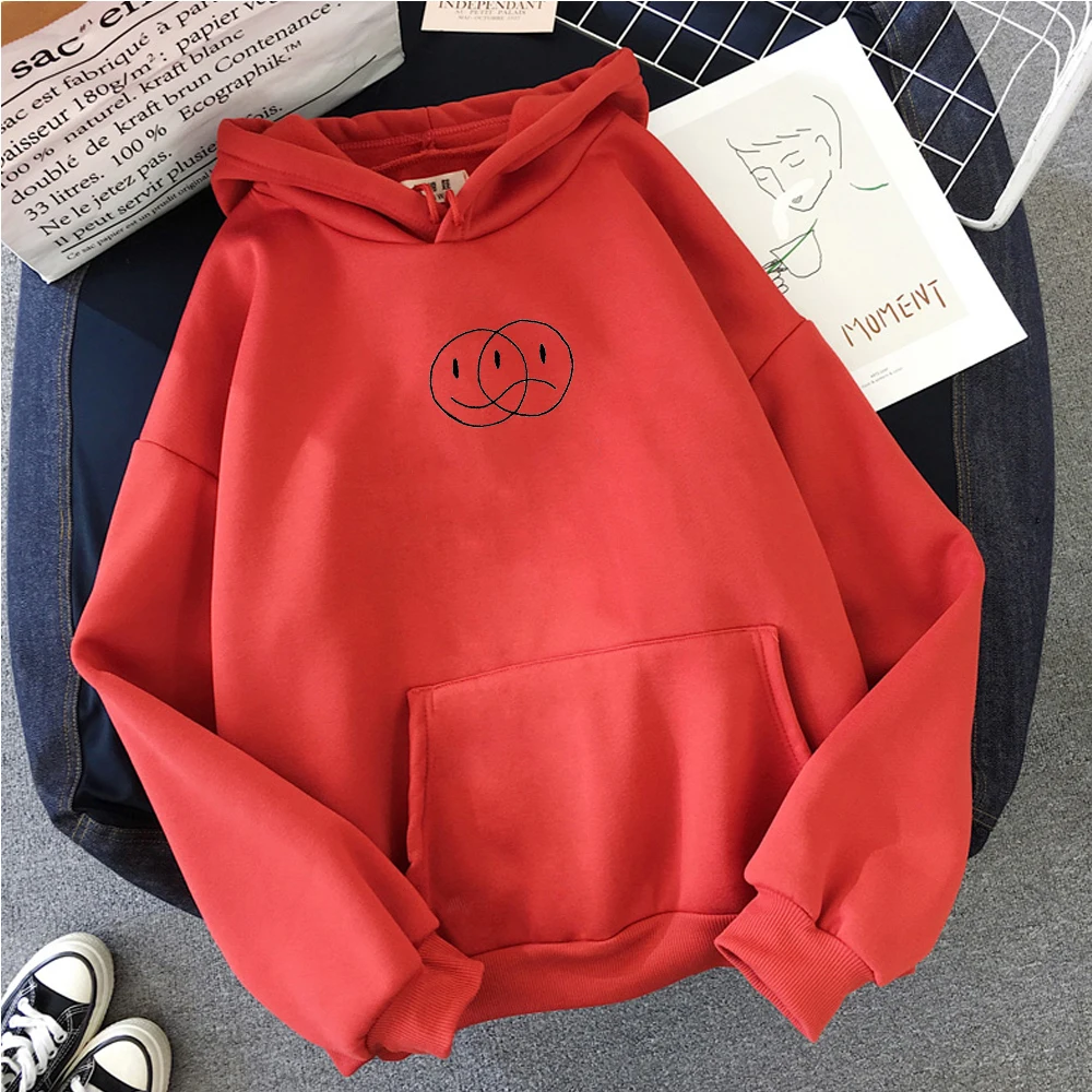 Student Sportswear Tops Smile Sad Face  Streetwear Sweatshirt Women Casual Pullover Hip Hop Long Sleeve Line Print Hoodies