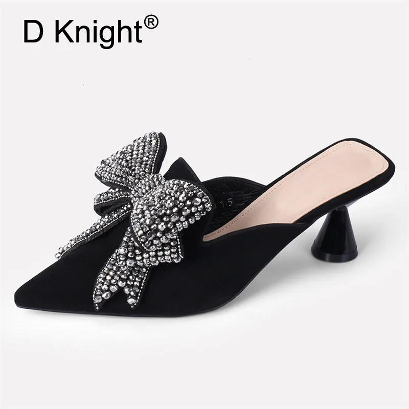 

Women Sandals Summer Female High Heel Shoes Flock Bowtie Slippers Ladies Fashion Crystal Mules Elegant Black Sandales Femme 2020