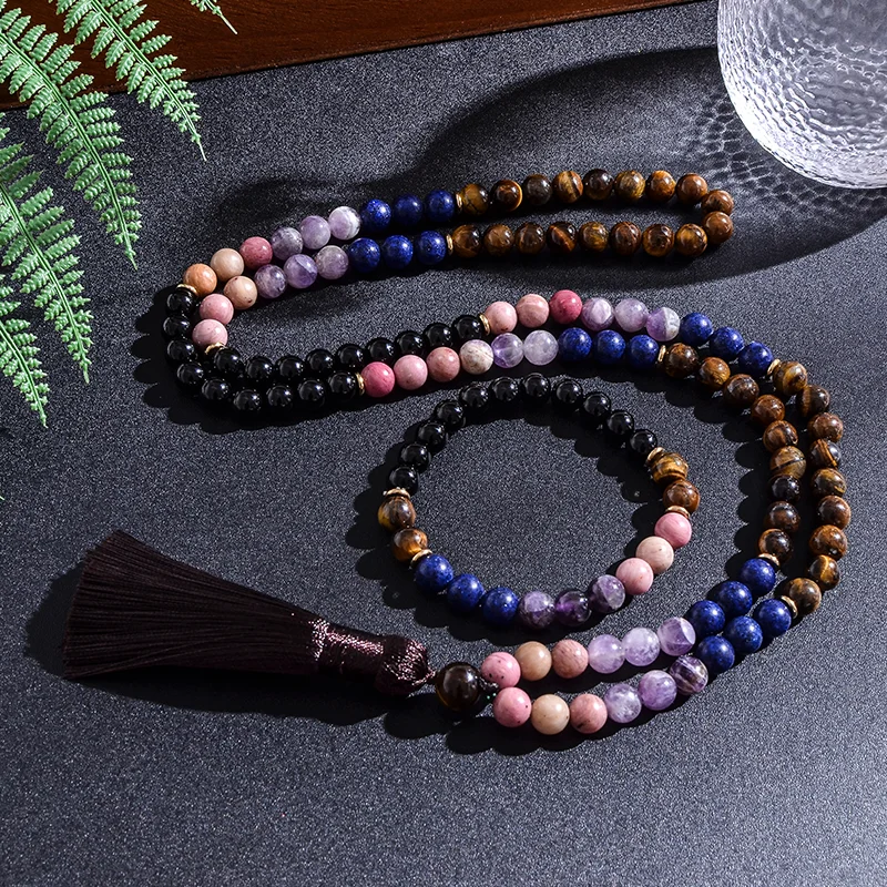 

108 Rosary 8mm Tiger Eye Lapis Lazuli Amethyst Black Agate Beaded Japamala Necklace Bracelet Women Yoga Blessing Jewelry Sets