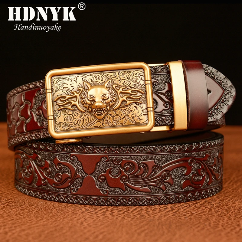 New Style Wolf Head Style Buckle Cowskin Leather Belt for Men Carving Tang Grass Patterns Belts Strap Male Waistband for Gift