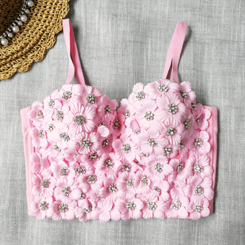 3D Flower Beading Camisole Female Sweet Cool Tank Tops Sexy Cropped Top Push up Bustier Bra Girl Petal Wrapped Chest Tube Top