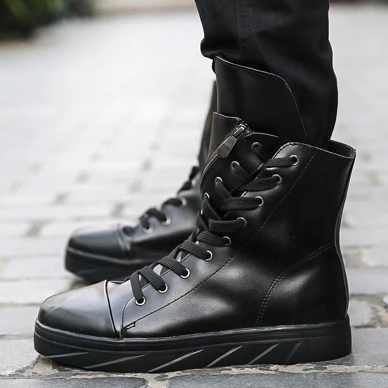 new Men 6 cm Height Increasing Platform Boots Back Zip Leather Shoes Male Mixed Colors Y3 High Top Black White Men\'s Boots