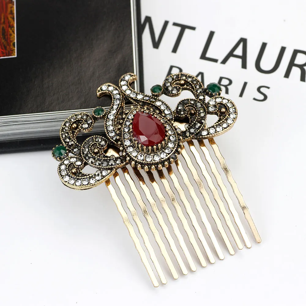 Sunspicems Turkish Women Flower Hair Comb Retro Gold Color Full Rhinestone Arab Ethnic Indian Hair Worn In a Bun Coil Jewelry