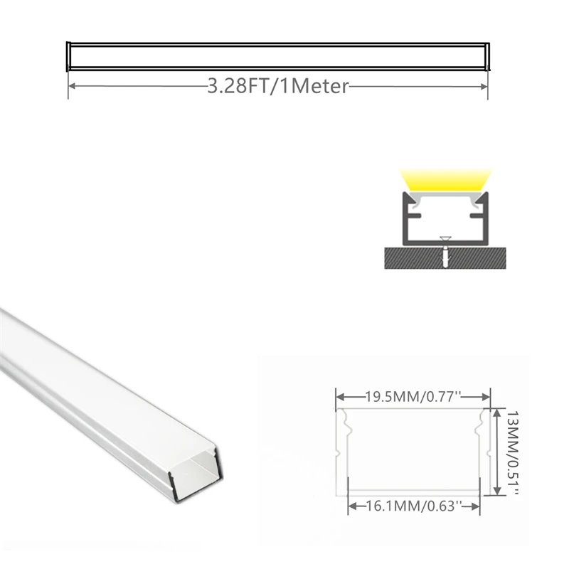 5/10-Pack 3.3FT 1M 19X13MM kanał aluminiowy w kształcie litery U z mlecznym dyfuzorem, Philips Hue Plus taśma oświetleniowa 16MM szeroki profil