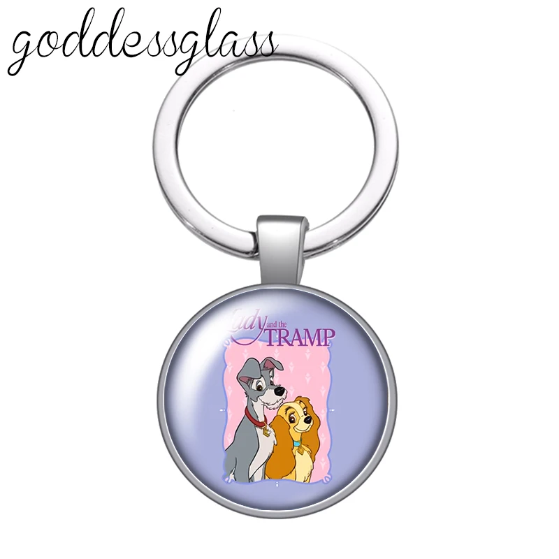 Disney  Lady and the Tramp Dogs glass cabochon keychain Bag Car key chain Ring Holder Charms keychains gift