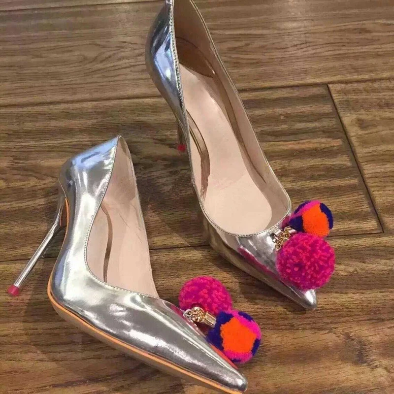 Sexy Women Pompon Wedding Pumps Ladies Fur Bobbles Bling Patent Leather Thin High Heels Pumps Female Pointed Toe Street Heels