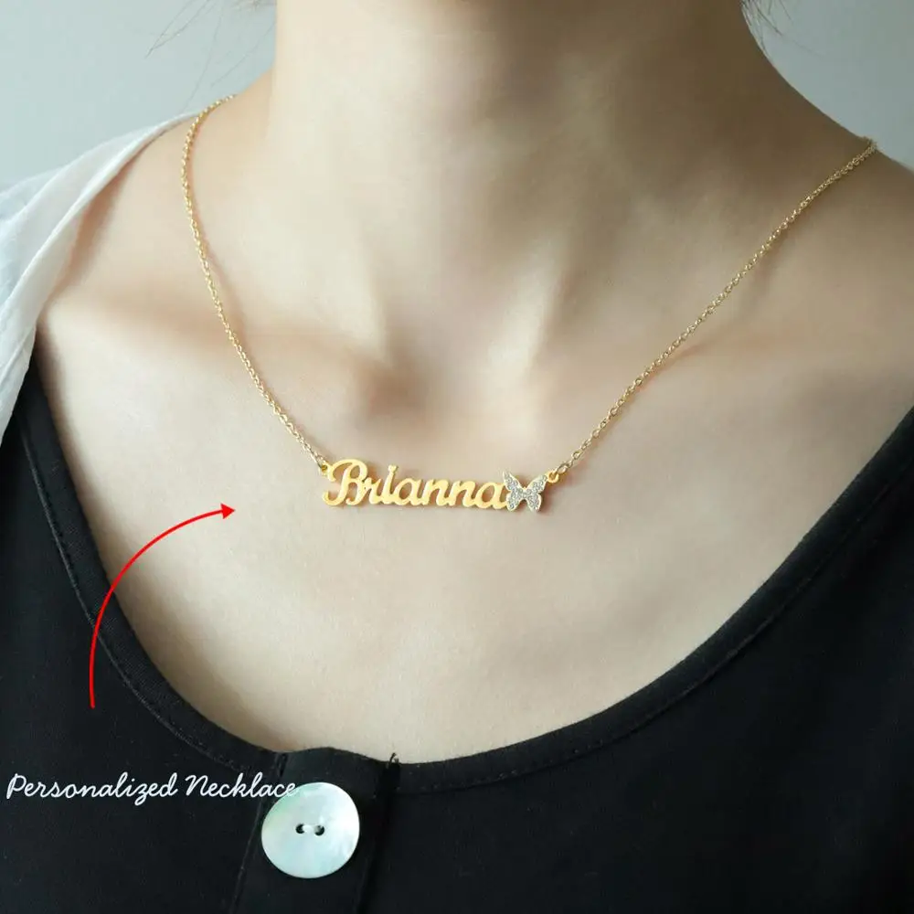 Personalized Butterfly Necklaces Custom Butterfly Necklaces For Women Name Nameplate Gold Stainless Steel Necklaces Mom Jewelry