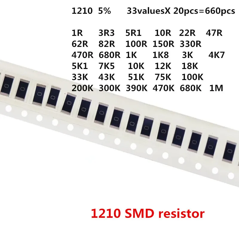 1210 SMD Resistor Kit Berbagai Macam Kit 1ohm-1M Ohm 5% 33ValuesX 20Pcs = 660Pcs DIY Kit