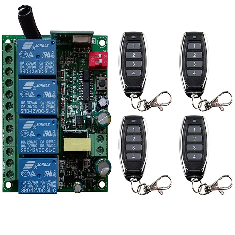 Smart Multiple AC110V 220V 230V 10A 315/433 MHz 4CH 4 CH Wireless Relay RF Remote Control Switch Receiver+1 2 3 4 Transmitter