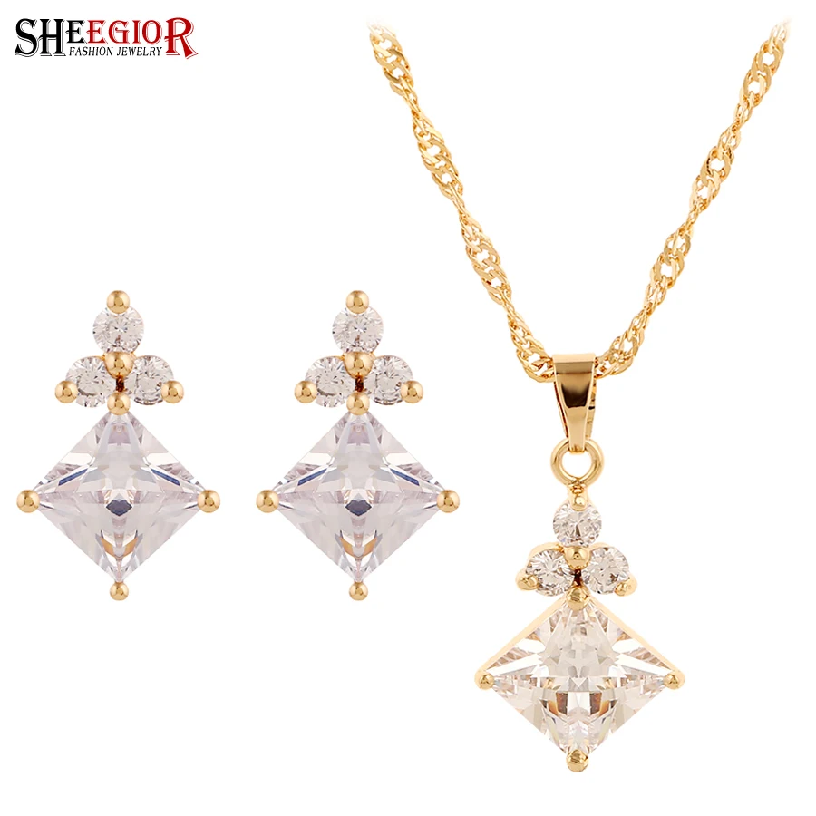 Crystal Dangle Earrings Necklaces Wedding Jewelry Set Gold/Silver-color Chain Necklaces Earrings set Women Accessories Love Gift