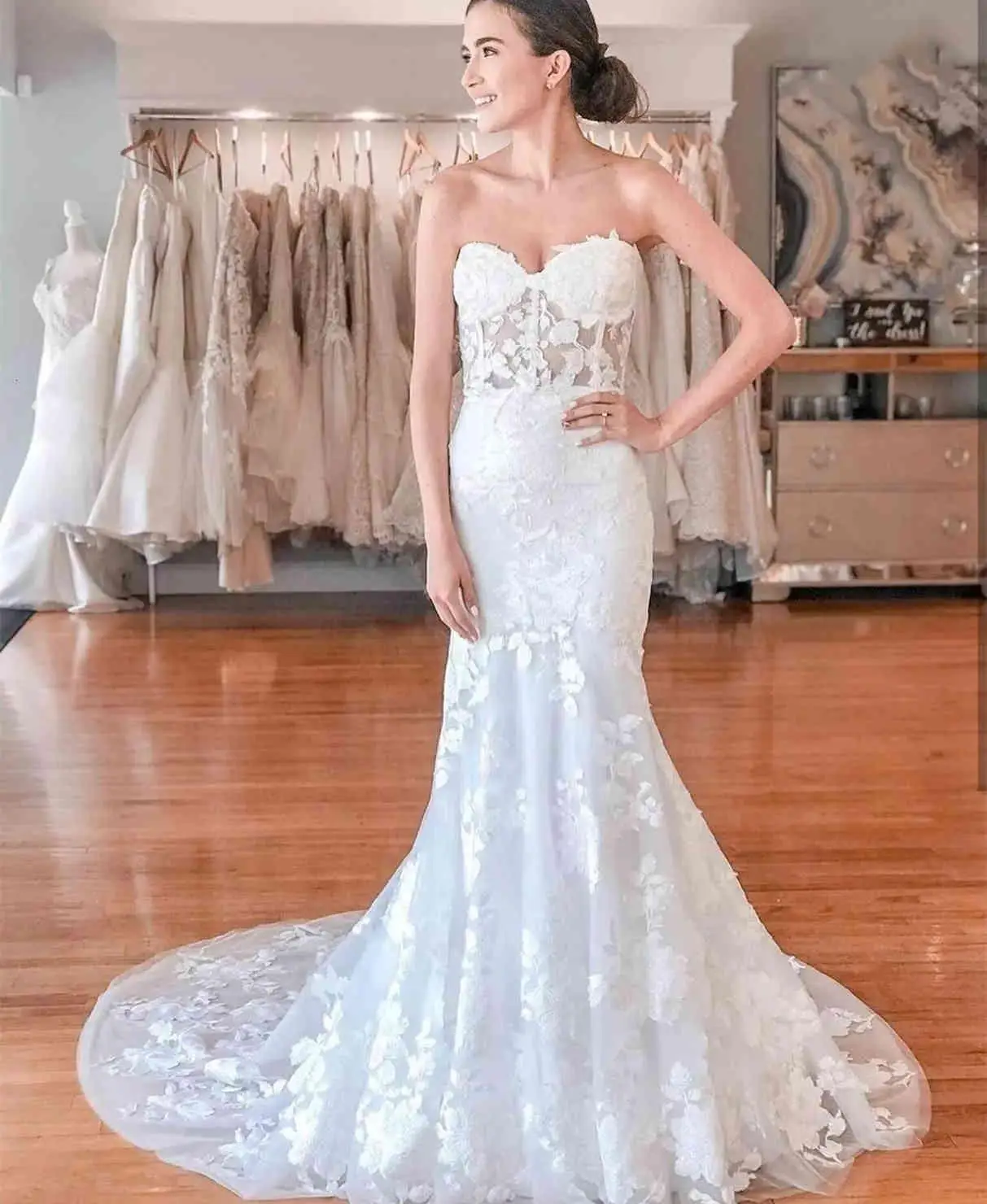 Vestido de novia de sirena para mujer, ropa de Novia de encaje con cola de sirena, sin mangas, con apliques transparentes, romántico, hecho a medida, 2021