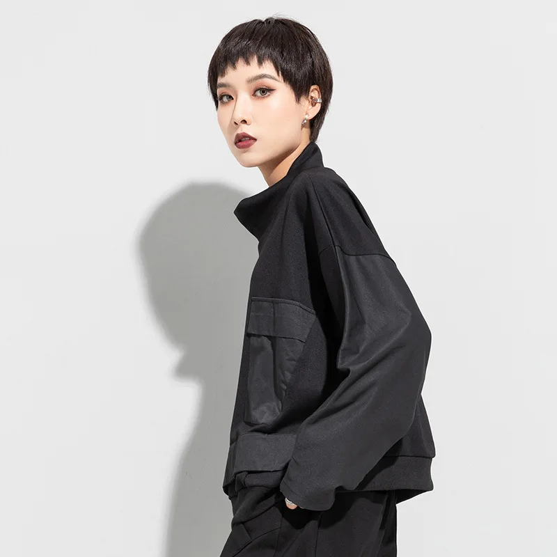 Women's Long Sleeve Spring And Autumn New Personality Stitching Half High Neck T-Shirt Dark Loose Hip Hop Long Sleeve T-Shirt