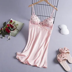 Embroidery Spaghetti Strap Nightgown Sleepwear Women Silk Rayon Nightdress Intimate Lingerie Sexy Patchwork Lace Home Dress