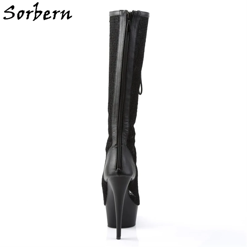 Sorbern Black Lace Knee High Boots 15Cm 20Cm High Heel Lace Up Platform Summer Shoes For Lady Boots Platform Back Zipper