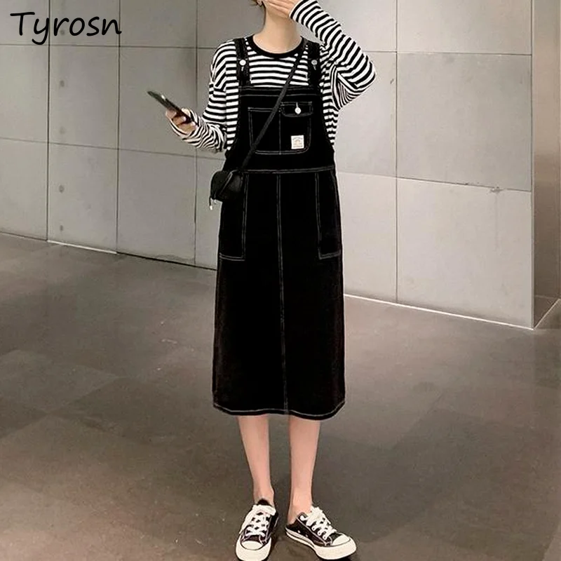 

Denim Dresses Women Knee Length Suspenders Vintage Ulzzang Casual Back-slit Chic Sleeveless Female Preppy Style Straight Black