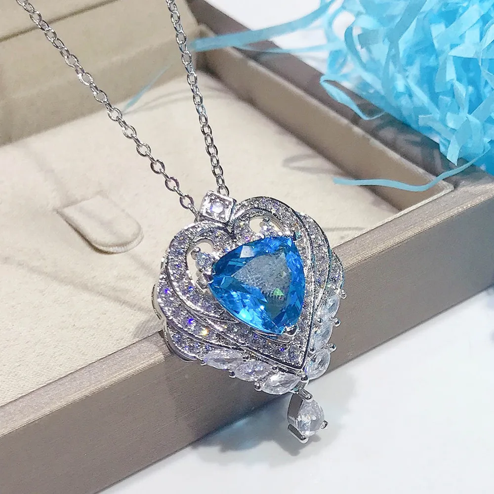 Heart of Ocean Blue Crystal Topaz Gemstones Diamonds Pendant Necklaces for Women 18k White Gold Silver Color Jewelry Bijoux Gift