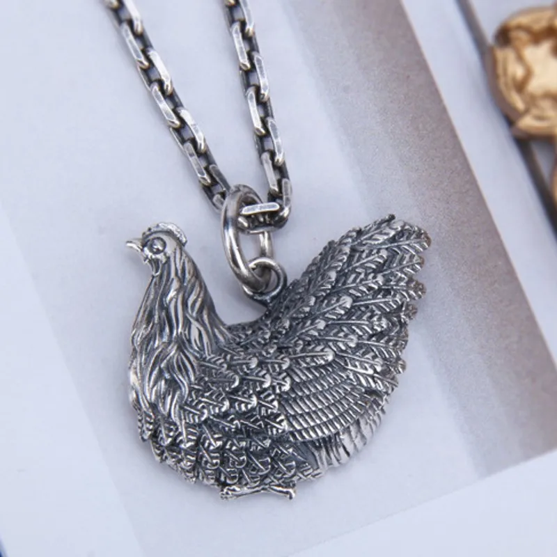 BOCAI New Solid s925 silver retro personality zodiac chicken golden egg lettering good luck and longevity Man and Woman pendant