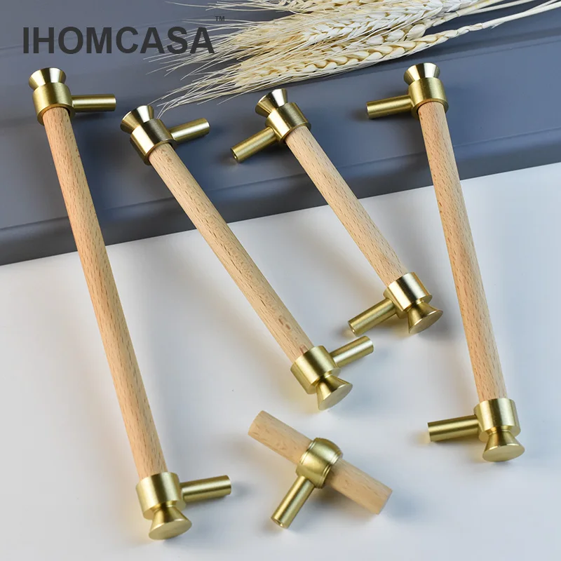 IHOMCASA Natural Wood+Golden Brass T-Bar Furniture Door Handles Wooden Handle Wardrobe Drawer Knobs Kitchen Shoe Cabinet Pulls