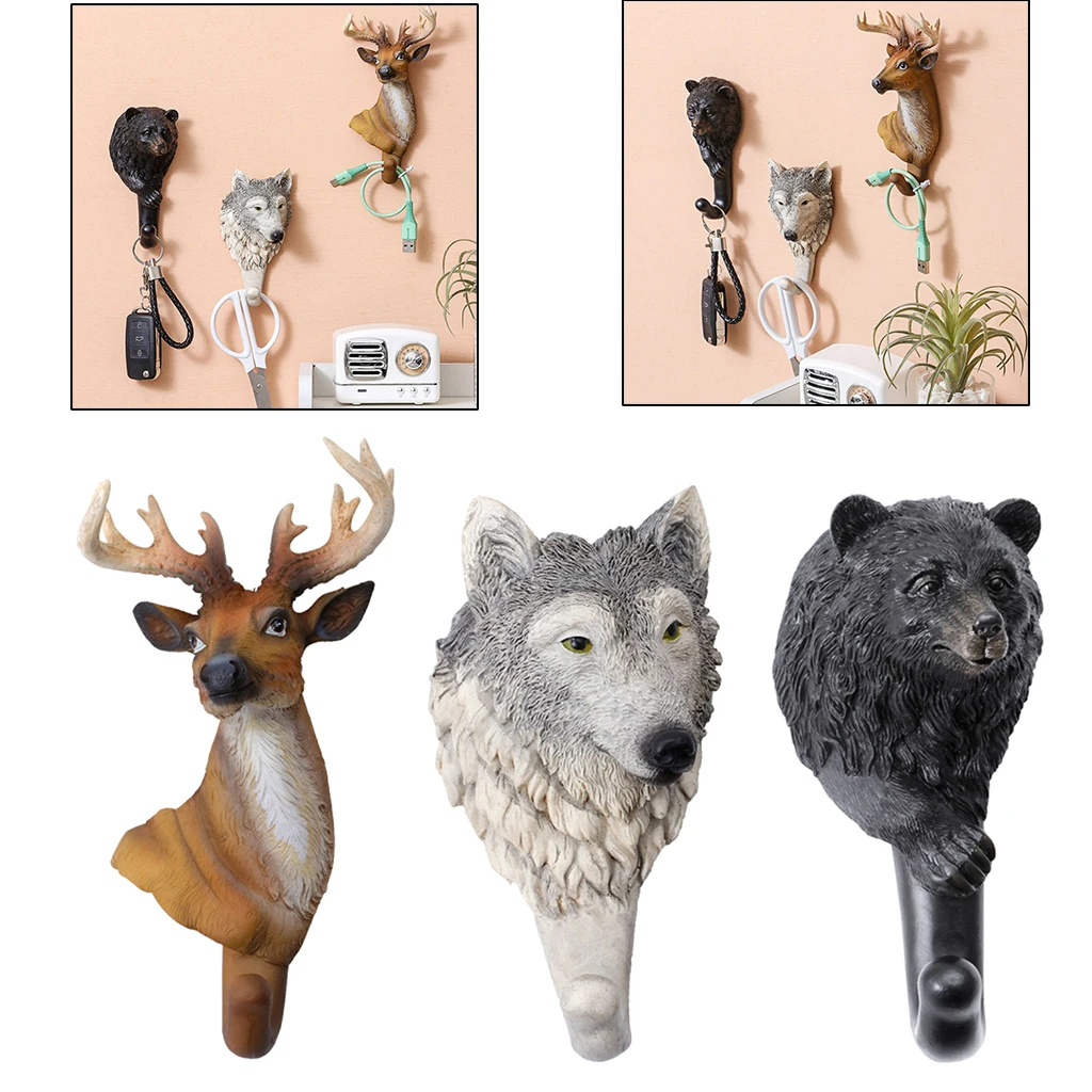 Resin Animal Wolf Bear Deer Head Wall Hanging Hook Coat Rack Home Decor