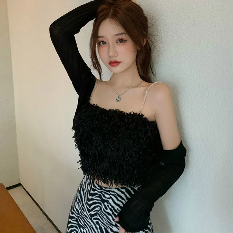 توب نسائي قصير مطرز بالخرز ، توب قصير ، سادة ، مثير ، نحيف ، عصري ، Ulzzang Ins ، ملون ، ديسكو ، يناسب كل شيء ، صيفي