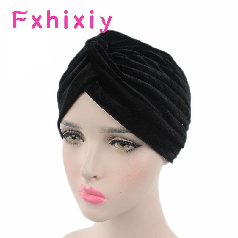 Muslim Women Velvet Ruffle Turban Hats Cancer Chemo Beanies Caps Headwrap Pleated Headwear Hair Loss Cover