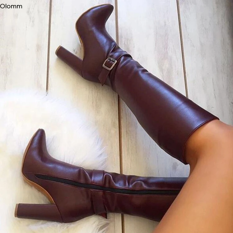 

Olomm New Women Knee High Boots Sexy Square High Heels Pointed Toe Gorgeous Wine Red Party Shoes Ladies Plus US Size 5-15
