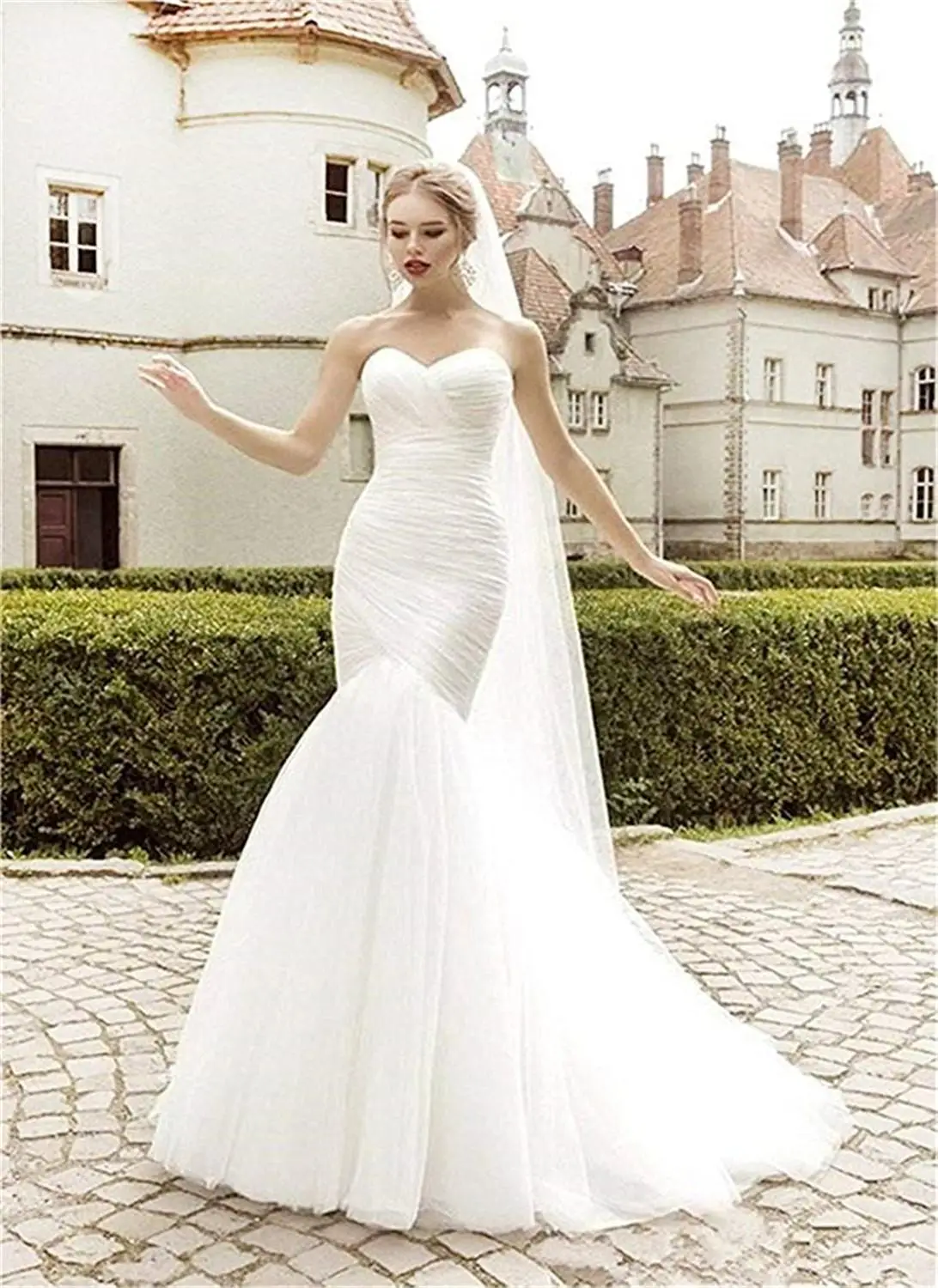 

Sexy Mermaid Strapless Lace Up White Ivory Pleated Tulle Bridal Gown Wedding Dress Size 2 4 6 8 10 12 14 16 In Stock