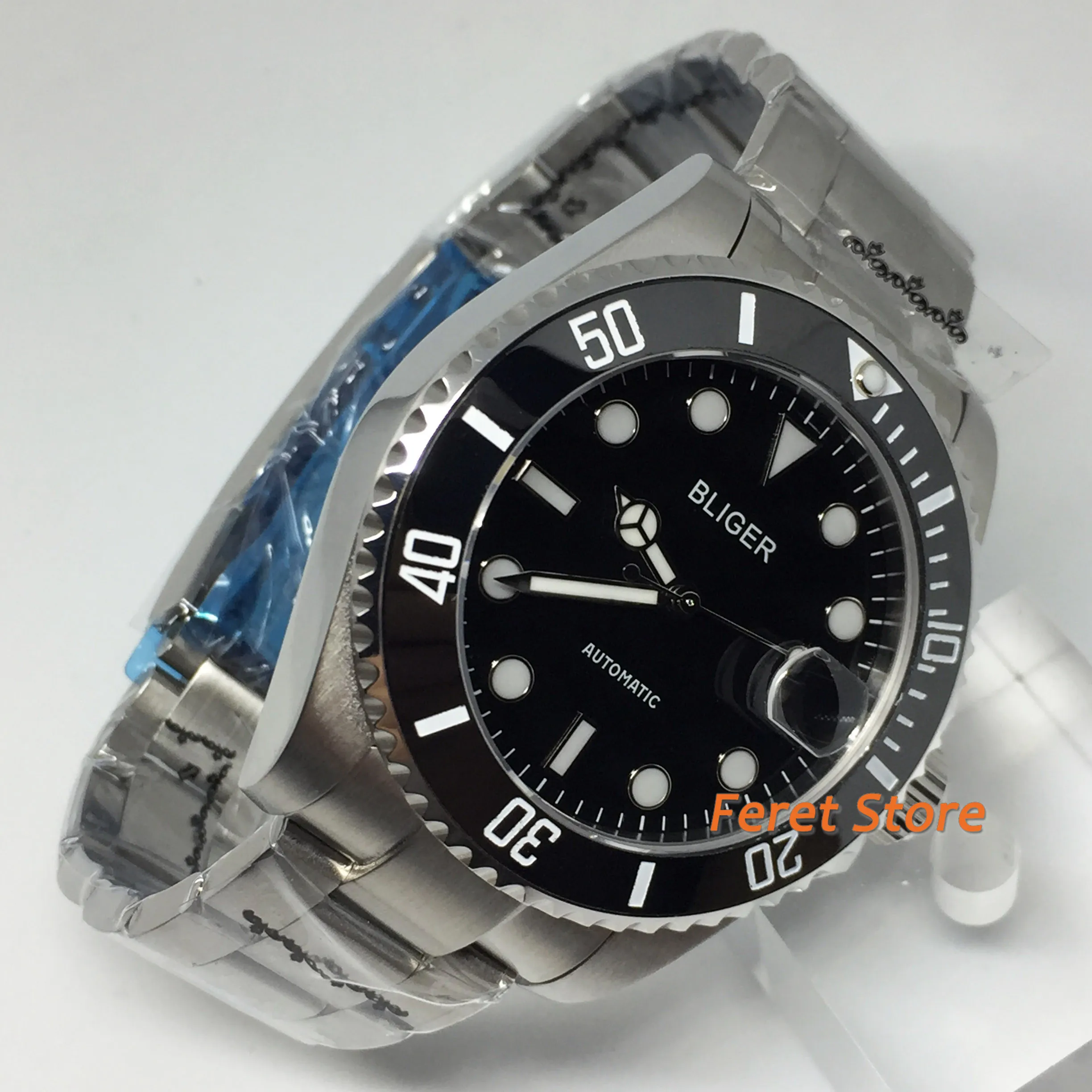 

43mm Bliger Sterile Mens Watch Stainless strap Sapphire Glass Black Dial Ceramic Bezel 24 Jewels Japan NH35 Automatic Watch