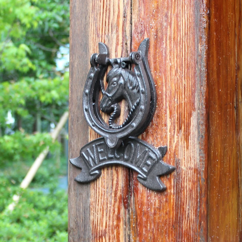 Black Horse Head Cast Iron Door Knocking With Welcome Signs Decor Plaques Farm House Accents Handmade Home Garden Metal Handle