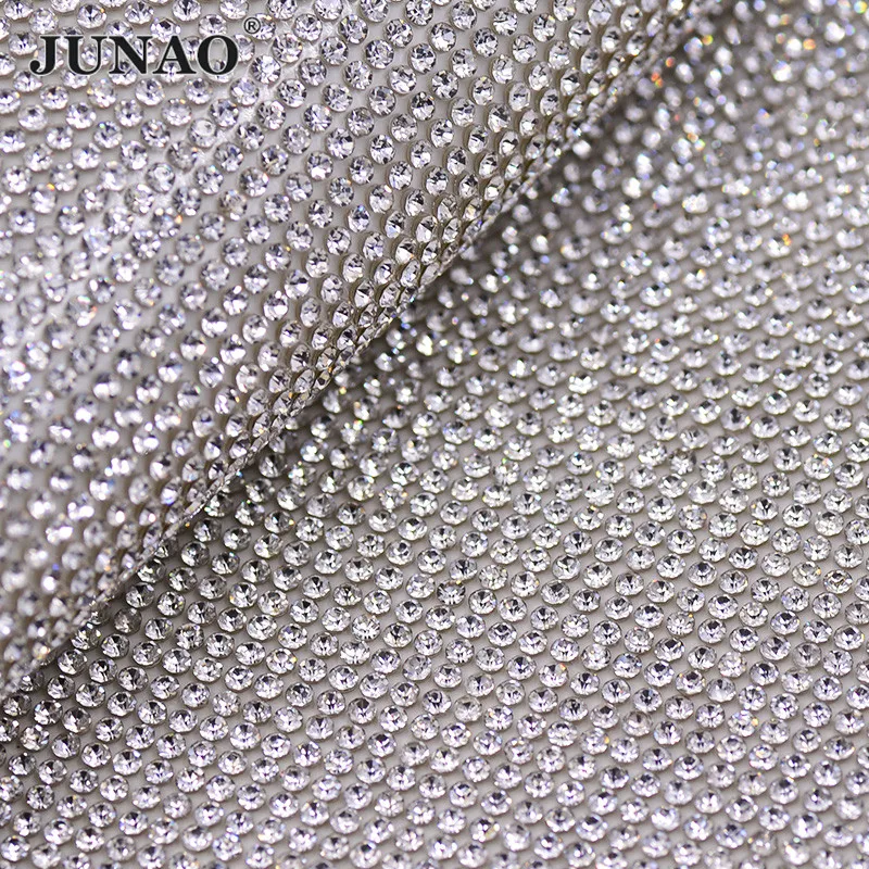 JUNAO 24*40cm SS6 SS8 Glass Crystal Rhinestones Mesh Sticker Clear Crystal Trim Banding Strass Beaded Applique for Decoration