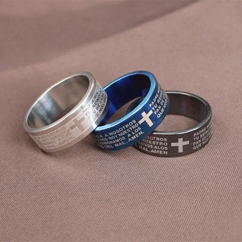 Bxzyrt Spanish Bible Prayer Jesus Cross Men Stainless Steel Rings Christian Women Black Blue Silver Color Rings Birthday Gifts