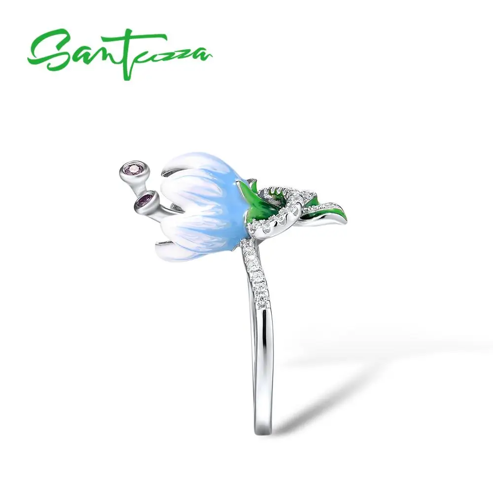 SANTUZZA Silver Rings For Women Genuine 925 Sterling Silver Exquisite White Blooming Flower Fine Jewelry Handmade Enamel
