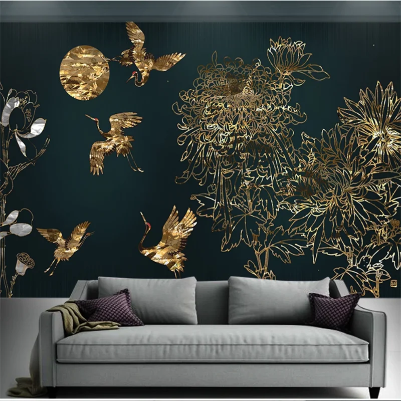 

wellyu Customized large-scale mural modern light luxury relief golden line flower fairy crane country tide background wall