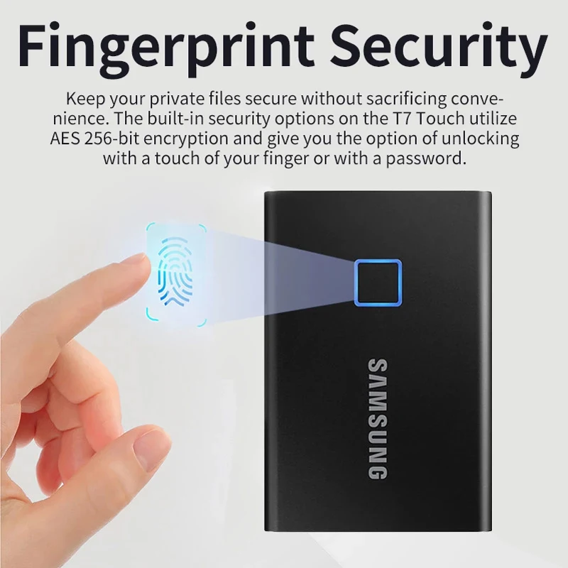Samsung-T7 Touch SSD Portátil, 500GB, USB 3.2, 1TB, 2TB, Reconhecimento de Impressões Digitais, Desbloqueio, Interface Tipo-C, Unidade de Estado Sólido Externo