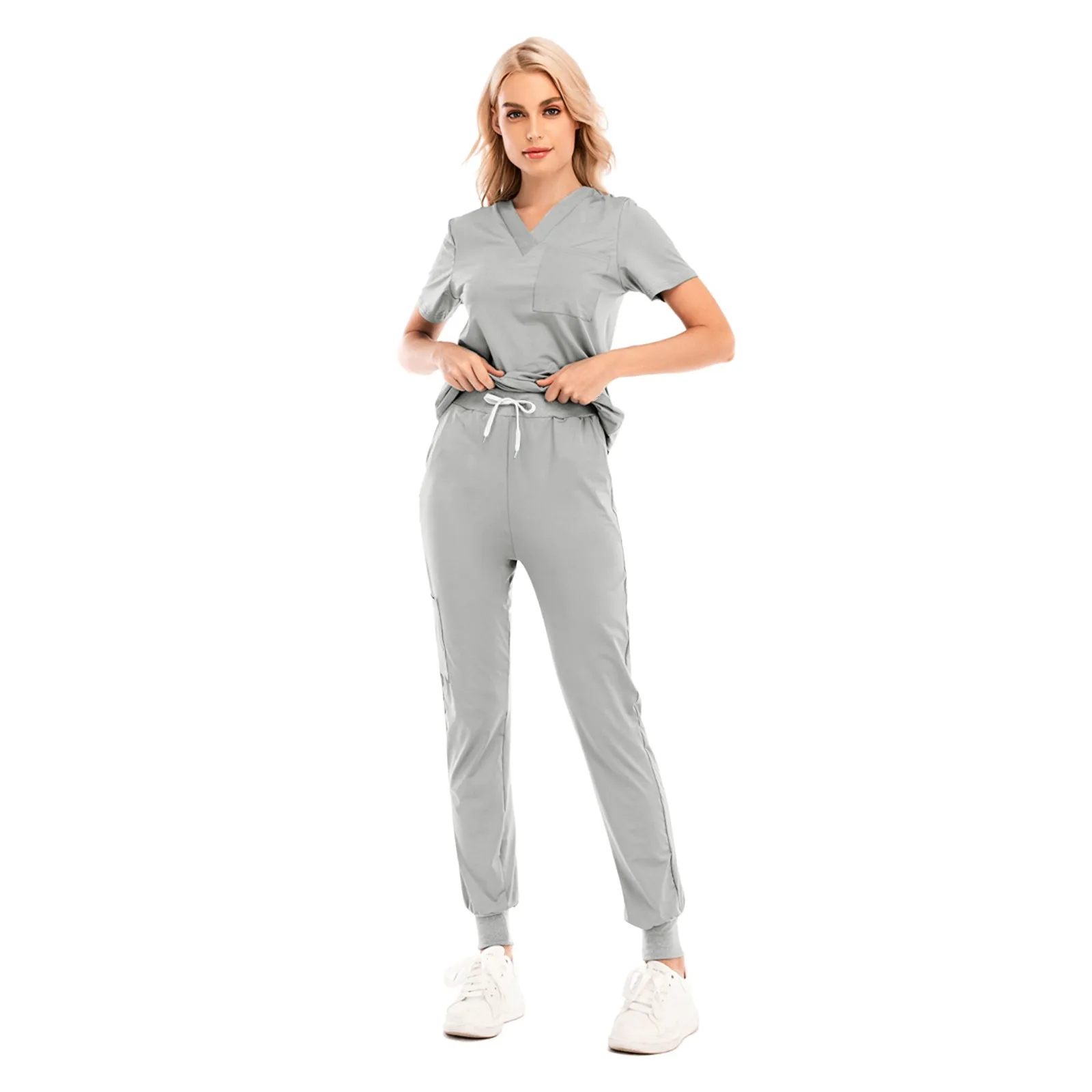 Women Two Piece Suit Set Scrubs Nursing Uniform Sets Tops+Pants V-Neck Short Sleeved Fast-Drying Suits Solid Working Uniforme