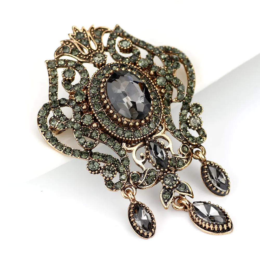 Sunspciems Full Rhinestone Gray Crystal Flower Brooch Pins Bohemia Ethnic Banquet Jewelry Turkish Hijab Scarf Broches Brooches