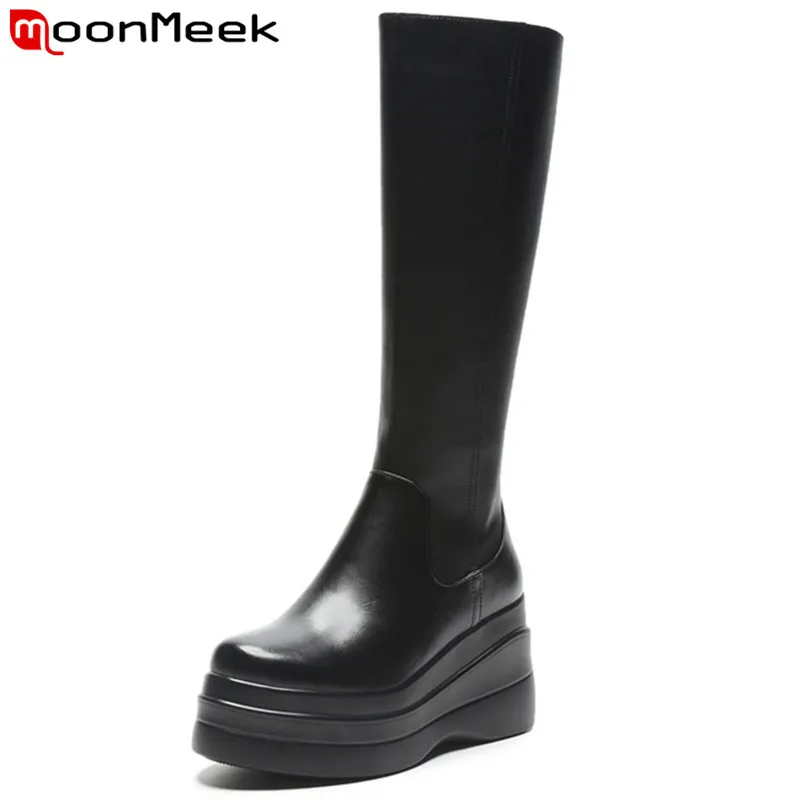 

MoonMeek 2022 New Arrival Hot Sale Coehide Shoes Zipper Thick Heels Platform Knee High Boots Fashion Simple Winter Ladies Boots