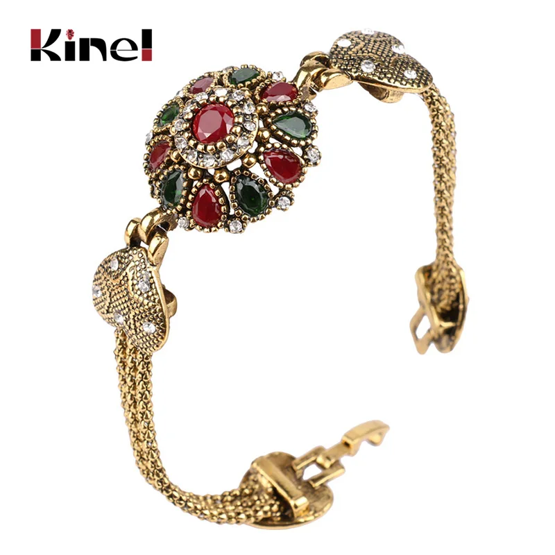 Kinel Turkey Bracelet For Women Tibetan Alloy Red Resin Gold Color Bangle Retro Bohemian Roman Royal Jewelry