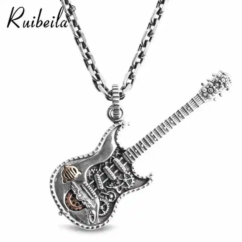 

Ruibeila new authentic 925 silver guitar pendant item rock gothic musical instrument punk necklace men and women jewelry jewelry