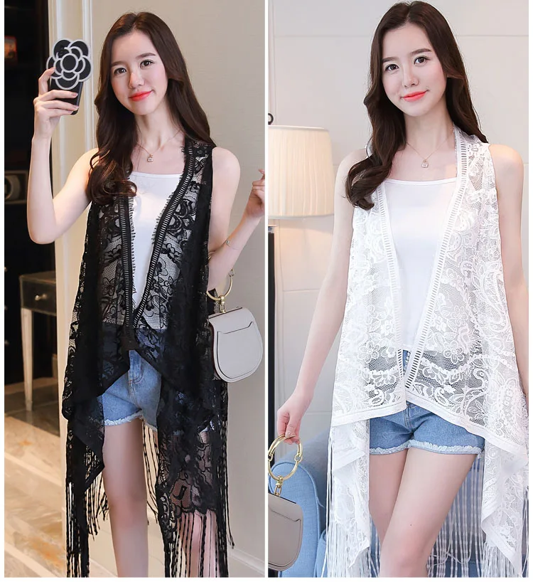 Sexy Lace Kimino Cardigan Women Vest Casual Hollow Out Perspective Irregular Long Beach Elegant Korean Tassel Tops