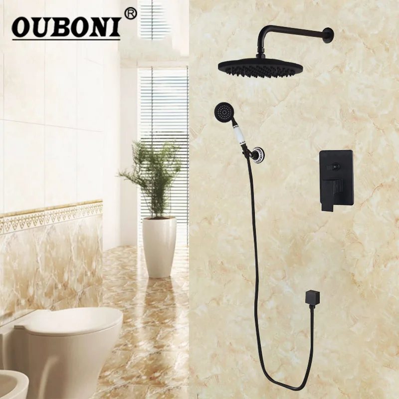 OUBONI Matte Black Bathroom Shower Faucet Set Golden Plated Mixer Faucet Anqiue Brass Wall Mounted Rain Bathtub Shower Faucet