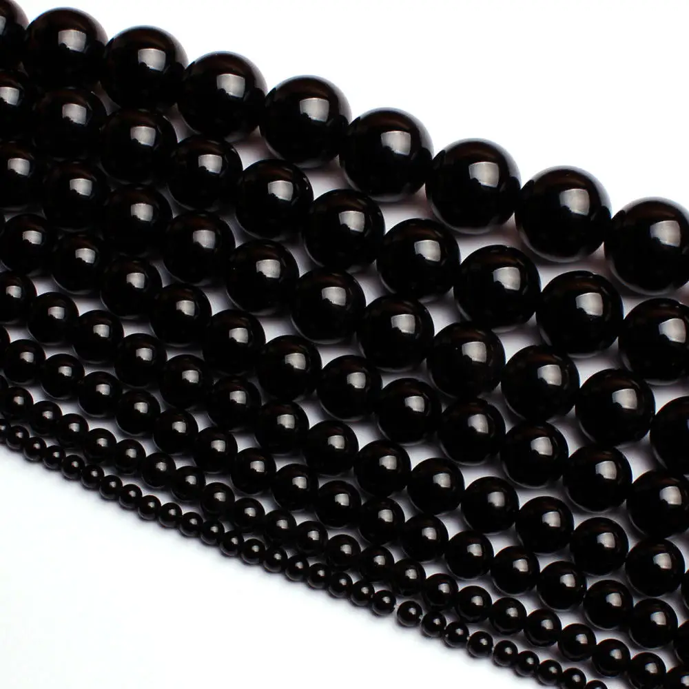 Round Natural Black Agates Bracelet Necklace Jewelry Loose Beads 38cm 2,3,4,5,6,8,10,12,14,16,18,20mm