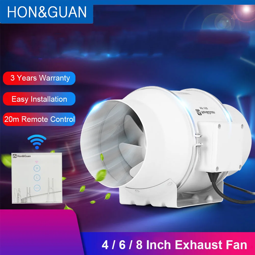 Hon&Guan 4 6 8inch Silent Inline Duct Fan Wireless Control Ventilation Air Extractor for Bathroom Kitchen Hood Ventilator