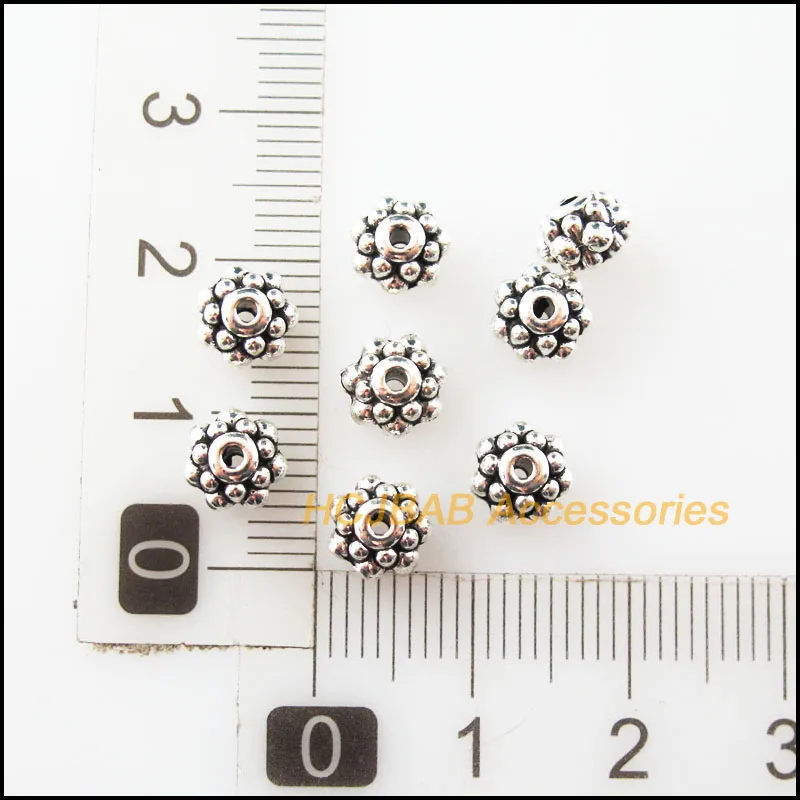 50Pcs Tibetan Silver Plated Tiny Flower Round Charms Spacer Beads 7mm